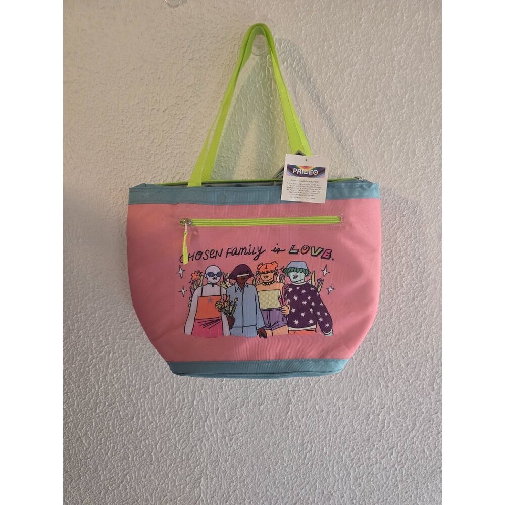 NWT Chosen Family Is Love Tote Bag With Neon Green Straps & Zip Pocket